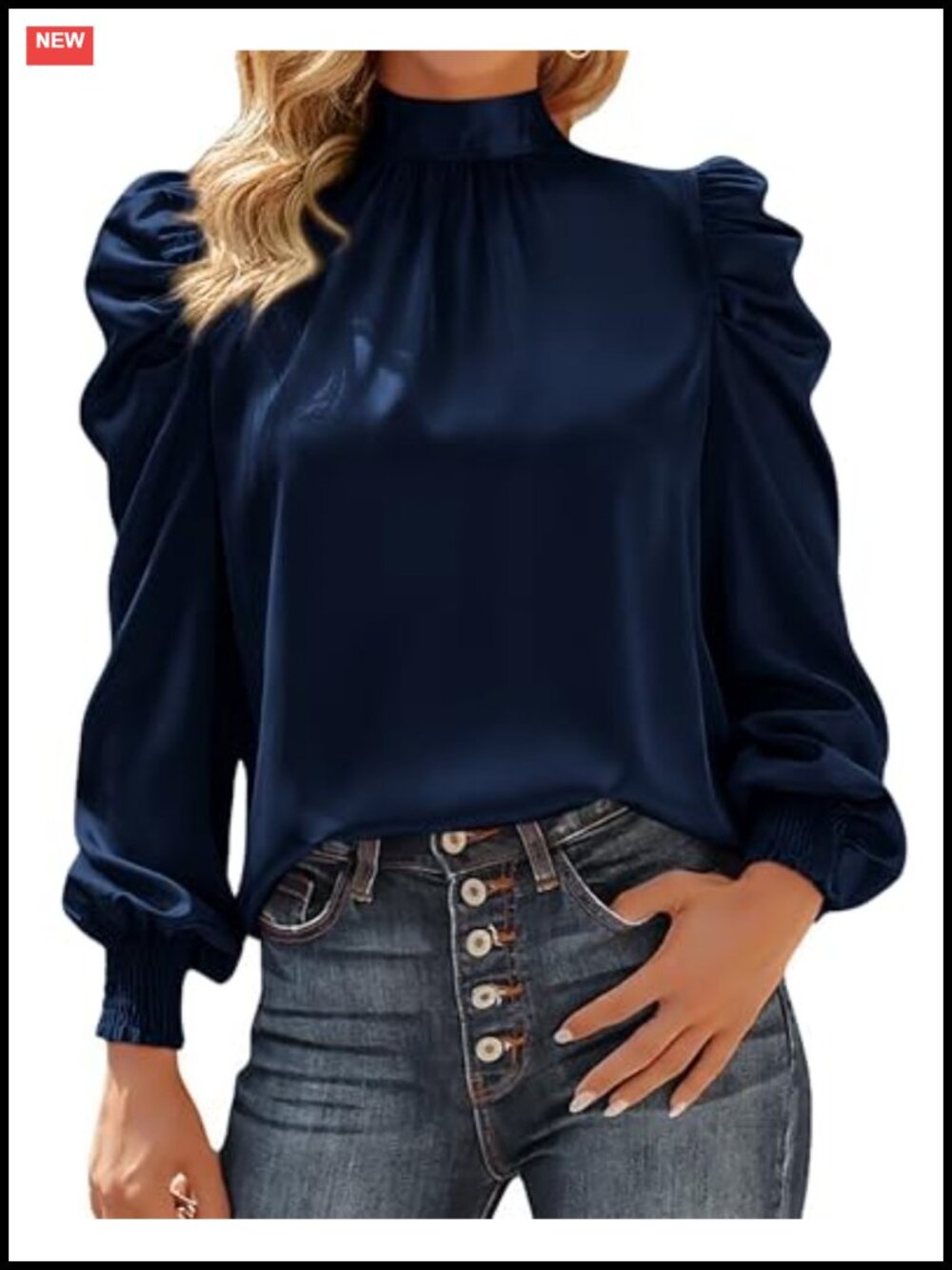 High Neck Long Sleeve Satin Blouse Silk-Like Dressy